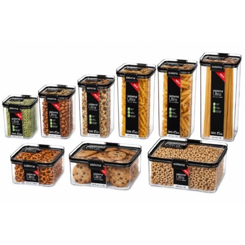 Sistema Ultra Square Food Storage Container Set (8 Piece) – 460ml, 700ml, 920ml, 1.3L, 1.4L, 1.9L, 2.75L & 4L, Airtight, Stackable & Shatter Resistant