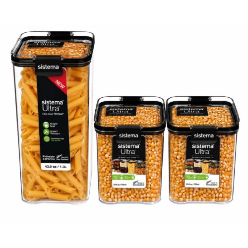 Sistema Ultra Square Food Storage Container Set (3 Pack) – 1.3L & 2 x 700ml, Airtight, Stackable & Shatter Resistant