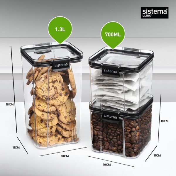 Sistema Ultra Square Food Storage Container Set (3 Pack) – 1.3L & 2 x 700ml, Airtight, Stackable & Shatter Resistant 3 Sistema Ultra Square Food Storage Container Set (3 Pack) – 1.3L & 2 x 700ml, Airtight, Stackable & Shatter Resistant