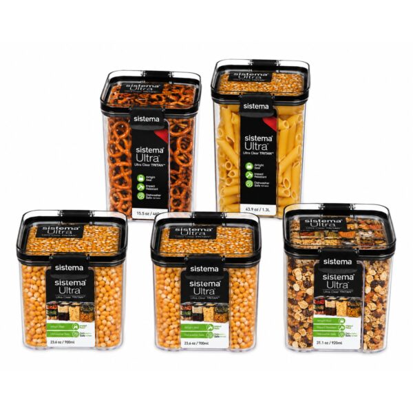 SIS-SQR-VP3 Sistema Ultra Square Food Storage Container Set (5 Pack) – 460ml, 2 x 700ml, 920ml & 1.3L, Airtight & Stackable