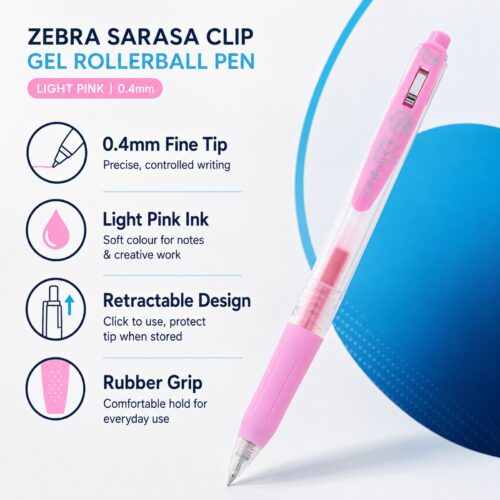 Zebra Sarasa Clip Gel Rollerball Pen 0.4mm (Light Pink) – Retractable, Rubber Grip, Smooth Gel Ink for Writing & Creative Work