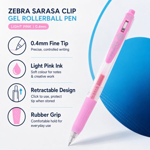 Zebra Sarasa Clip Gel Rollerball Pen 0.4mm (Light Pink) – Retractable, Rubber Grip, Smooth Gel Ink for Writing & Creative Work