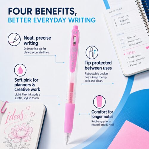 Zebra Sarasa Clip Gel Rollerball Pen 0.4mm (Light Pink) – Retractable, Rubber Grip, Smooth Gel Ink for Writing & Creative Work