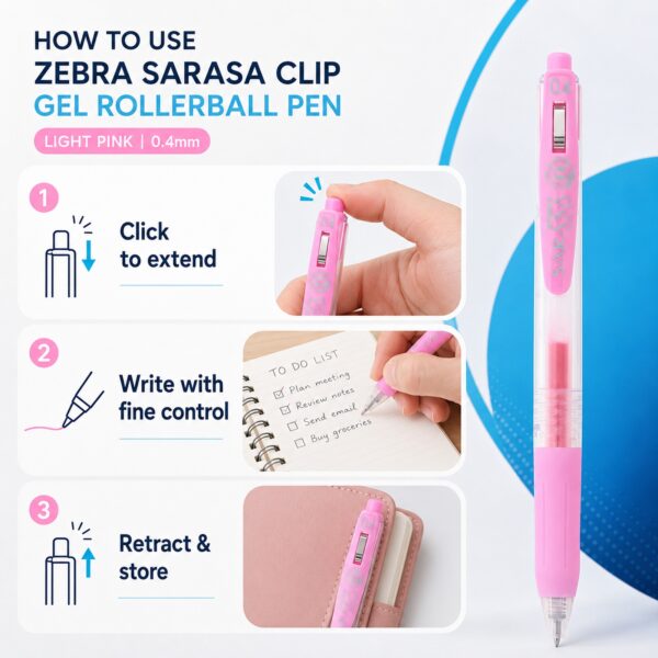 Zebra Sarasa Clip Gel Rollerball Pen 0.4mm (Light Pink) – Retractable, Rubber Grip, Smooth Gel Ink for Writing & Creative Work