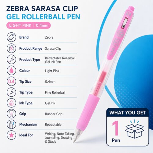 Zebra Sarasa Clip Gel Rollerball Pen 0.4mm (Light Pink) – Retractable, Rubber Grip, Smooth Gel Ink for Writing & Creative Work