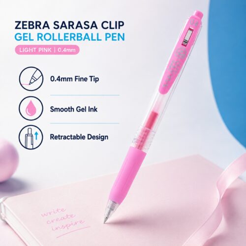 Zebra Sarasa Clip Gel Rollerball Pen 0.4mm (Light Pink) – Retractable, Rubber Grip, Smooth Gel Ink for Writing & Creative Work