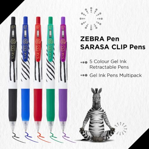 Zebra Sarasa Clip Zebra Stripes Gel Rollerball Pens 0.7mm (5 Pack) – Blue, Black, Red, Green & Violet, Zipper Wallet 8 Zebra Sarasa Clip Zebra Stripes Gel Rollerball Pens 0.7mm (5 Pack) – Blue, Black, Red, Green & Violet, Zipper Wallet