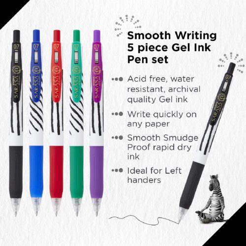 Zebra Sarasa Clip Zebra Stripes Gel Rollerball Pens 0.7mm (5 Pack) – Blue, Black, Red, Green & Violet, Zipper Wallet 9 Zebra Sarasa Clip Zebra Stripes Gel Rollerball Pens 0.7mm (5 Pack) – Blue, Black, Red, Green & Violet, Zipper Wallet