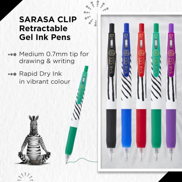 Zebra Sarasa Clip Zebra Stripes Gel Rollerball Pens 0.7mm (5 Pack) – Blue, Black, Red, Green & Violet, Zipper Wallet 4 Zebra Sarasa Clip Zebra Stripes Gel Rollerball Pens 0.7mm (5 Pack) – Blue, Black, Red, Green & Violet, Zipper Wallet