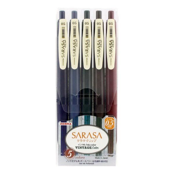 Zebra Sarasa Clip Vintage Colour 1 Gel Rollerball Pens 0.5mm (5 Pack) – Blue Black, Blue Grey, Green Black, Red Black & Brown Grey