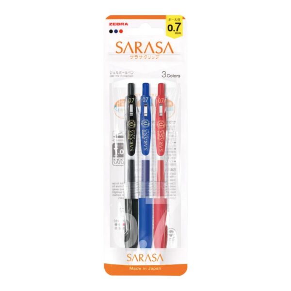 SRS-7417 Zebra Sarasa Clip Gel Rollerball Pens 0.7mm (3 Pack) – Black, Blue & Red, Retractable, Zipper Wallet for Office & School