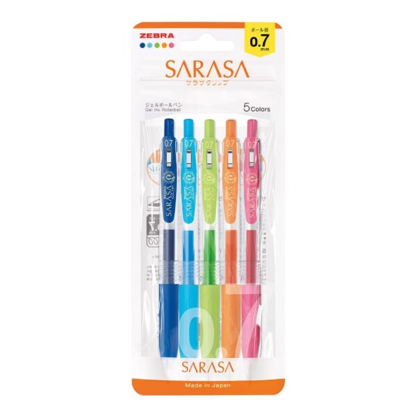 Zebra Sarasa Clip Gel Rollerball Pens 0.7mm (5 Pack) – Blue, Light Blue, Fresh Green, Orange & Pink, Zipper Wallet for Office & School