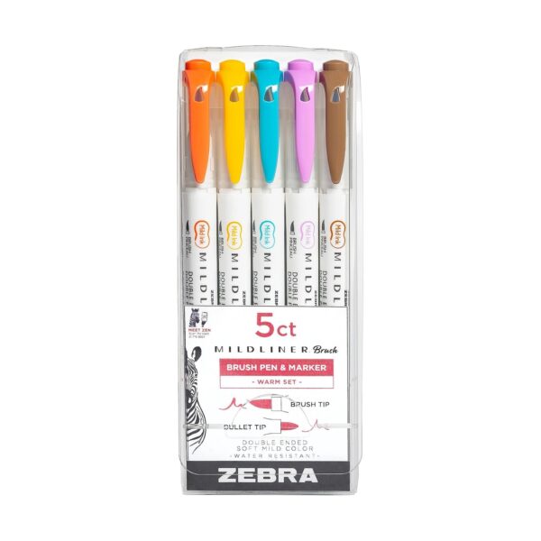 ZBL-ML-3057 Zebra Mildliner Brush Pens Warm (5 Pack) – Double Ended Brush & Fine Tips, Soft Mild Colours for Lettering & Journaling