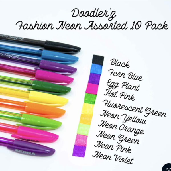 Zebra Doodlerz Gel Stick Pens 1.0mm (10 Pack) – Fashion & Neon Colours, Water-Resistant Pigment Ink, Bold Drawing & Creative Work