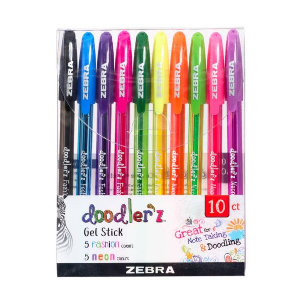 Zebra Doodlerz Gel Stick Pens 1.0mm (10 Pack) – Fashion & Neon Colours, Water-Resistant Pigment Ink, Bold Drawing & Creative Work