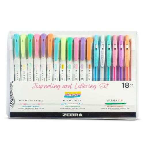 Zebra Mildliner Journaling & Lettering Set (18 Pack, Assorted Pastel Colours) – Dual Tip Highlighters, Brush Pens & Sarasa Gel Pens