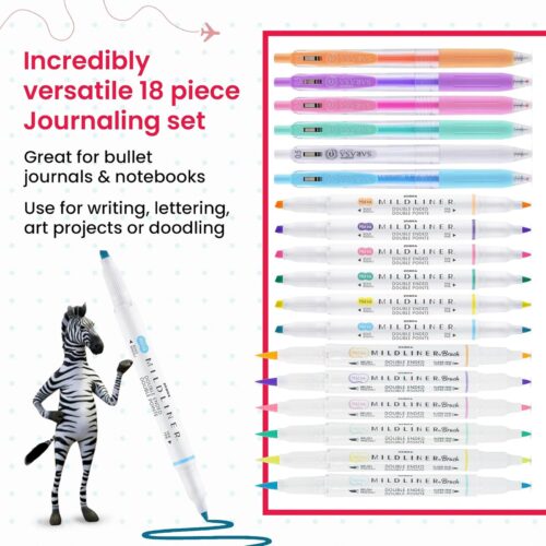 Zebra Mildliner Journaling & Lettering Set (18 Pack, Assorted Pastel Colours) – Dual Tip Highlighters, Brush Pens & Sarasa Gel Pens