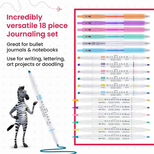 Zebra Mildliner Journaling & Lettering Set (18 Pack, Assorted Pastel Colours) – Dual Tip Highlighters, Brush Pens & Sarasa Gel Pens