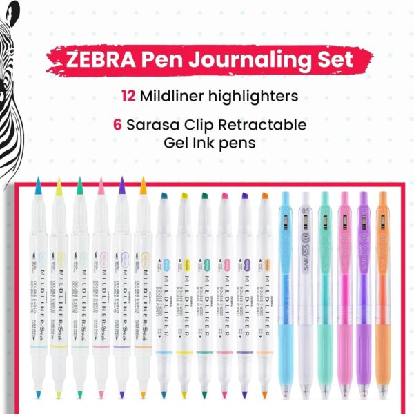 Zebra Mildliner Journaling & Lettering Set (18 Pack, Assorted Pastel Colours) – Dual Tip Highlighters, Brush Pens & Sarasa Gel Pens