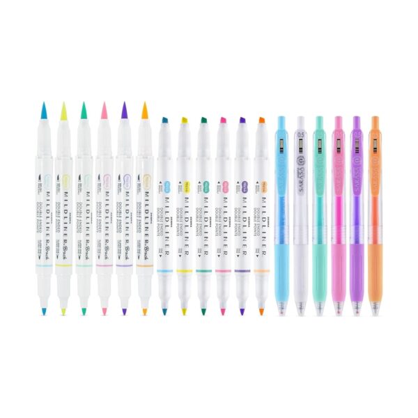 Zebra Mildliner Journaling & Lettering Set (18 Pack, Assorted Pastel Colours) – Dual Tip Highlighters, Brush Pens & Sarasa Gel Pens