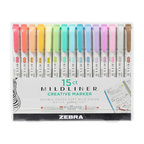 ZBR-ML-1153 Zebra Mildliner Creative Markers (15 Pack) – Double Ended Chisel & Bullet Tips, Mild Colours for Highlighting & Journaling
