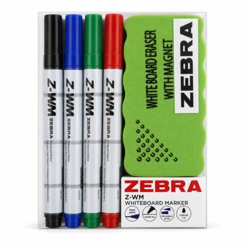 Zebra Z-WM Whiteboard Markers 2mm (4 Colour Set) – Black, Green, Blue & Red, Bullet Tip, Eraser Included, Dry Wipe Writing