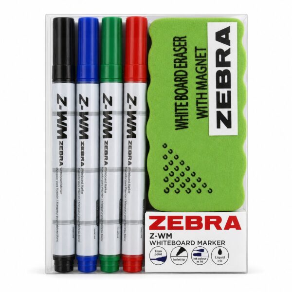 Zebra Z-WM Whiteboard Markers 2mm (4 Colour Set) – Black, Green, Blue & Red, Bullet Tip, Eraser Included, Dry Wipe Writing