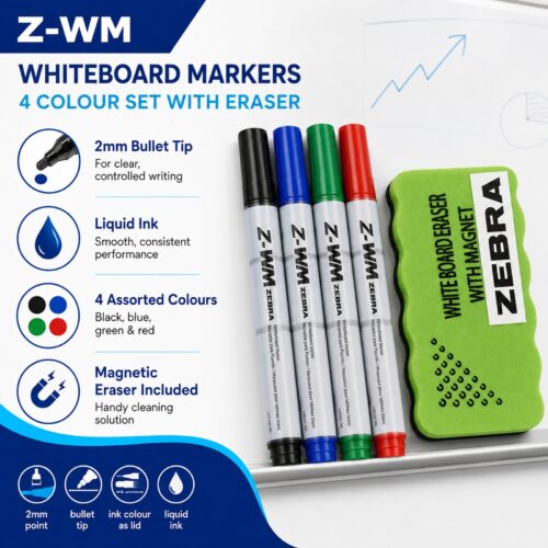 Zebra Z-WM Whiteboard Markers 2mm (4 Colour Set) – Black, Green, Blue & Red, Bullet Tip, Eraser Included, Dry Wipe Writing