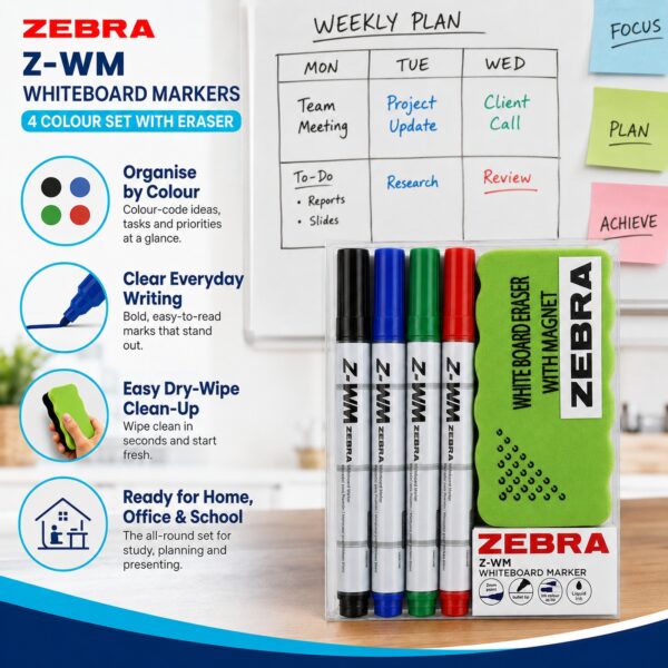Zebra Z-WM Whiteboard Markers 2mm (4 Colour Set) – Black, Green, Blue & Red, Bullet Tip, Eraser Included, Dry Wipe Writing