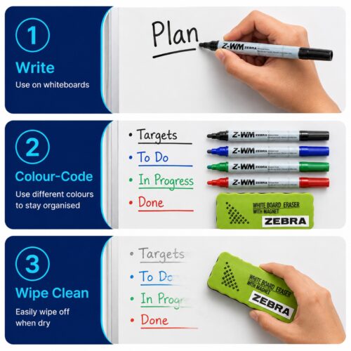 Zebra Z-WM Whiteboard Markers 2mm (4 Colour Set) – Black, Green, Blue & Red, Bullet Tip, Eraser Included, Dry Wipe Writing