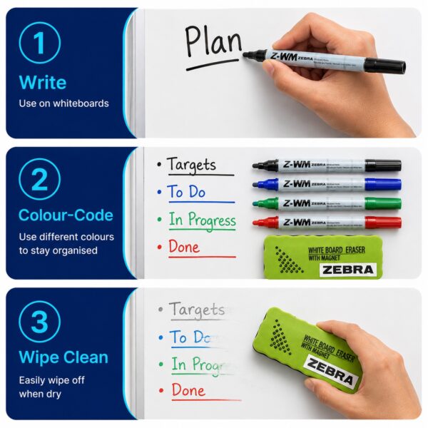 Zebra Z-WM Whiteboard Markers 2mm (4 Colour Set) – Black, Green, Blue & Red, Bullet Tip, Eraser Included, Dry Wipe Writing