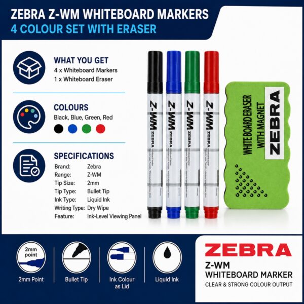 Zebra Z-WM Whiteboard Markers 2mm (4 Colour Set) – Black, Green, Blue & Red, Bullet Tip, Eraser Included, Dry Wipe Writing