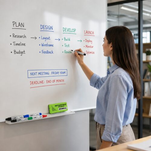 Zebra Z-WM Whiteboard Markers 2mm (4 Colour Set) – Black, Green, Blue & Red, Bullet Tip, Eraser Included, Dry Wipe Writing