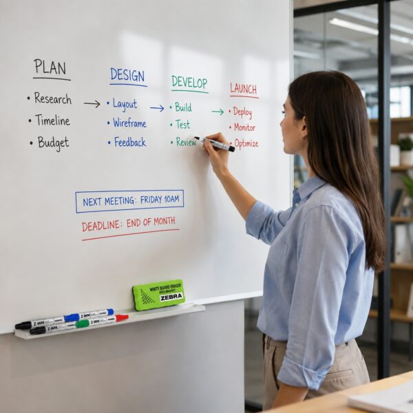 Zebra Z-WM Whiteboard Markers 2mm (4 Colour Set) – Black, Green, Blue & Red, Bullet Tip, Eraser Included, Dry Wipe Writing