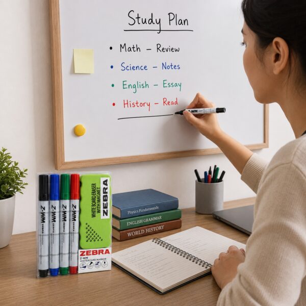 Zebra Z-WM Whiteboard Markers 2mm (4 Colour Set) – Black, Green, Blue & Red, Bullet Tip, Eraser Included, Dry Wipe Writing