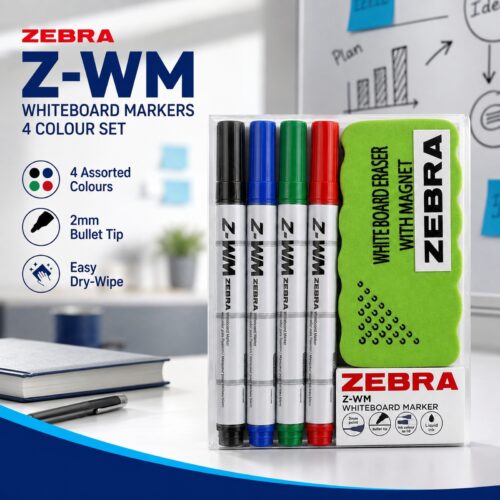 Zebra Z-WM Whiteboard Markers 2mm (4 Colour Set) – Black, Green, Blue & Red, Bullet Tip, Eraser Included, Dry Wipe Writing
