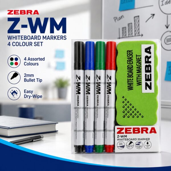 Zebra Z-WM Whiteboard Markers 2mm (4 Colour Set) – Black, Green, Blue & Red, Bullet Tip, Eraser Included, Dry Wipe Writing