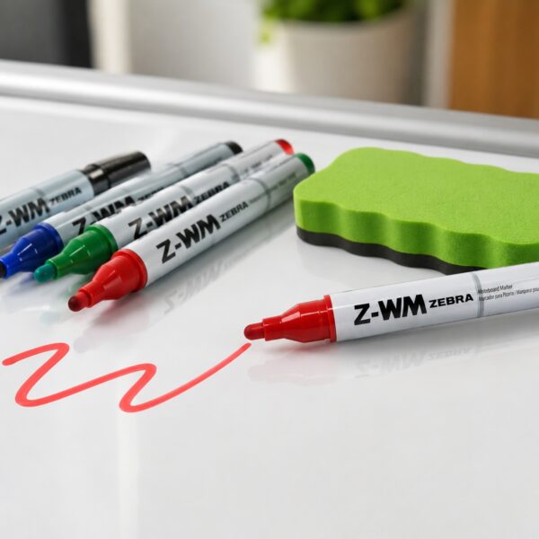 Zebra Z-WM Whiteboard Markers 2mm (4 Colour Set) – Black, Green, Blue & Red, Bullet Tip, Eraser Included, Dry Wipe Writing