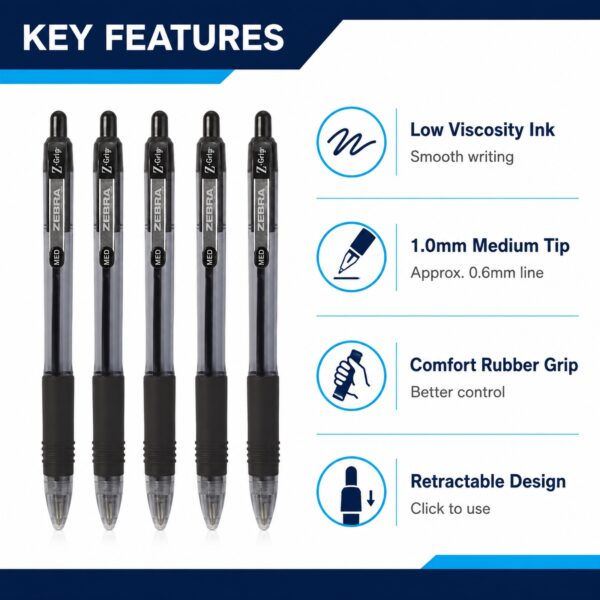 Zebra Z-Grip Smooth Retractable Ballpoint Pens 1.0mm (Black, 5 Pack) – Low Viscosity Ink & Comfort Grip for Smooth Writing 1 Zebra Z-Grip Smooth Retractable Ballpoint Pens 1.0mm (Black, 5 Pack) – Low Viscosity Ink & Comfort Grip for Smooth Writing