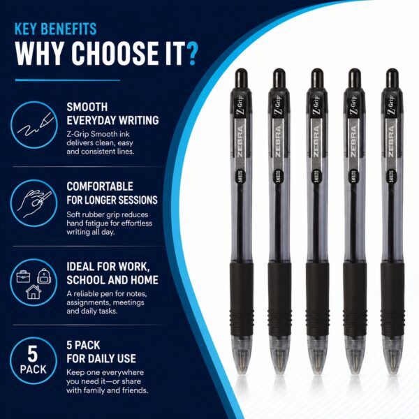 Zebra Z-Grip Smooth Retractable Ballpoint Pens 1.0mm (Black, 5 Pack) – Low Viscosity Ink & Comfort Grip for Smooth Writing 2 Zebra Z-Grip Smooth Retractable Ballpoint Pens 1.0mm (Black, 5 Pack) – Low Viscosity Ink & Comfort Grip for Smooth Writing