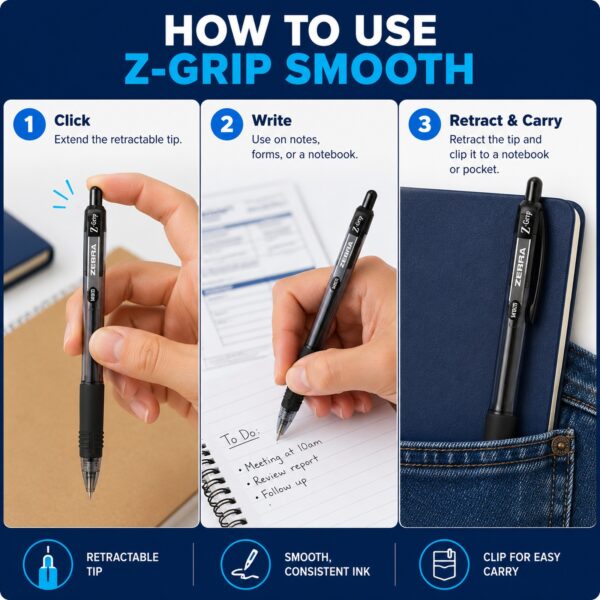 Zebra Z-Grip Smooth Retractable Ballpoint Pens 1.0mm (Black, 5 Pack) – Low Viscosity Ink & Comfort Grip for Smooth Writing 3 Zebra Z-Grip Smooth Retractable Ballpoint Pens 1.0mm (Black, 5 Pack) – Low Viscosity Ink & Comfort Grip for Smooth Writing