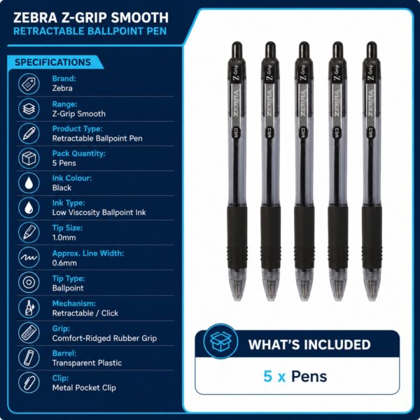 Zebra Z-Grip Smooth Retractable Ballpoint Pens 1.0mm (Black, 5 Pack) – Low Viscosity Ink & Comfort Grip for Smooth Writing 4 Zebra Z-Grip Smooth Retractable Ballpoint Pens 1.0mm (Black, 5 Pack) – Low Viscosity Ink & Comfort Grip for Smooth Writing
