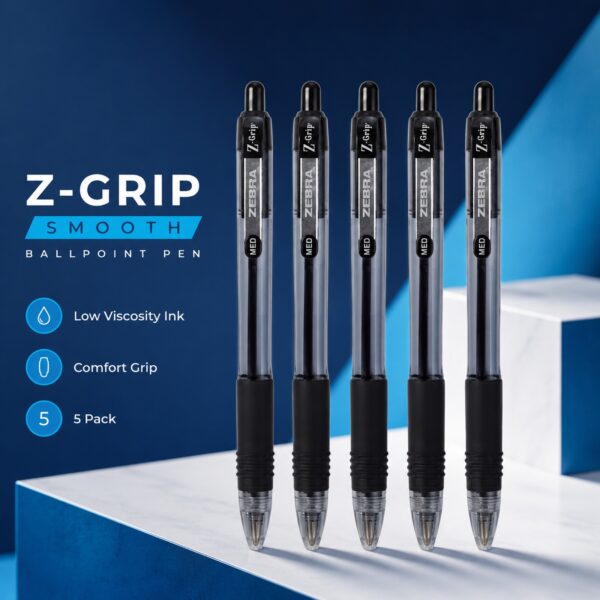 Zebra Z-Grip Smooth Retractable Ballpoint Pens 1.0mm (Black, 5 Pack) – Low Viscosity Ink & Comfort Grip for Smooth Writing 7 Zebra Z-Grip Smooth Retractable Ballpoint Pens 1.0mm (Black, 5 Pack) – Low Viscosity Ink & Comfort Grip for Smooth Writing