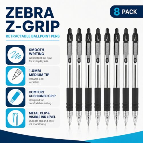 Zebra Z-Grip Retractable Ballpoint Pens 1.0mm (Black, 8 Pack) – Smooth Writing, Comfort Grip & Metal Clip for Office & School