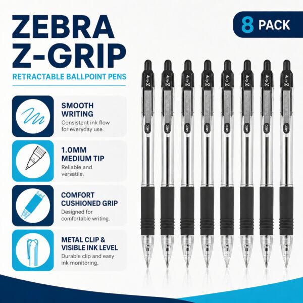 Zebra Z-Grip Retractable Ballpoint Pens 1.0mm (Black, 8 Pack) – Smooth Writing, Comfort Grip & Metal Clip for Office & School