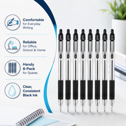 Zebra Z-Grip Retractable Ballpoint Pens 1.0mm (Black, 8 Pack) – Smooth Writing, Comfort Grip & Metal Clip for Office & School