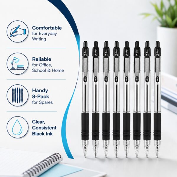 Zebra Z-Grip Retractable Ballpoint Pens 1.0mm (Black, 8 Pack) – Smooth Writing, Comfort Grip & Metal Clip for Office & School