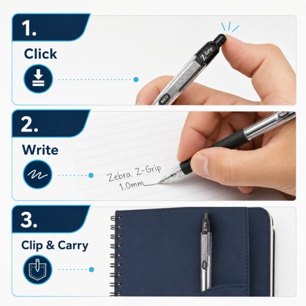 Zebra Z-Grip Retractable Ballpoint Pens 1.0mm (Black, 8 Pack) – Smooth Writing, Comfort Grip & Metal Clip for Office & School