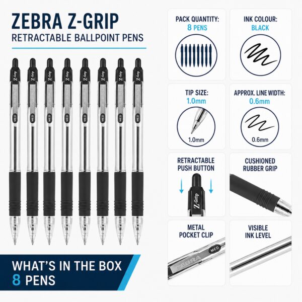 Zebra Z-Grip Retractable Ballpoint Pens 1.0mm (Black, 8 Pack) – Smooth Writing, Comfort Grip & Metal Clip for Office & School