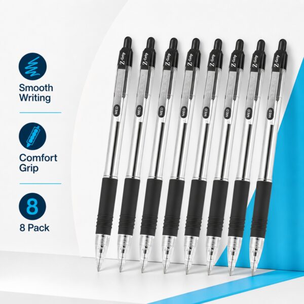 Zebra Z-Grip Retractable Ballpoint Pens 1.0mm (Black, 8 Pack) – Smooth Writing, Comfort Grip & Metal Clip for Office & School